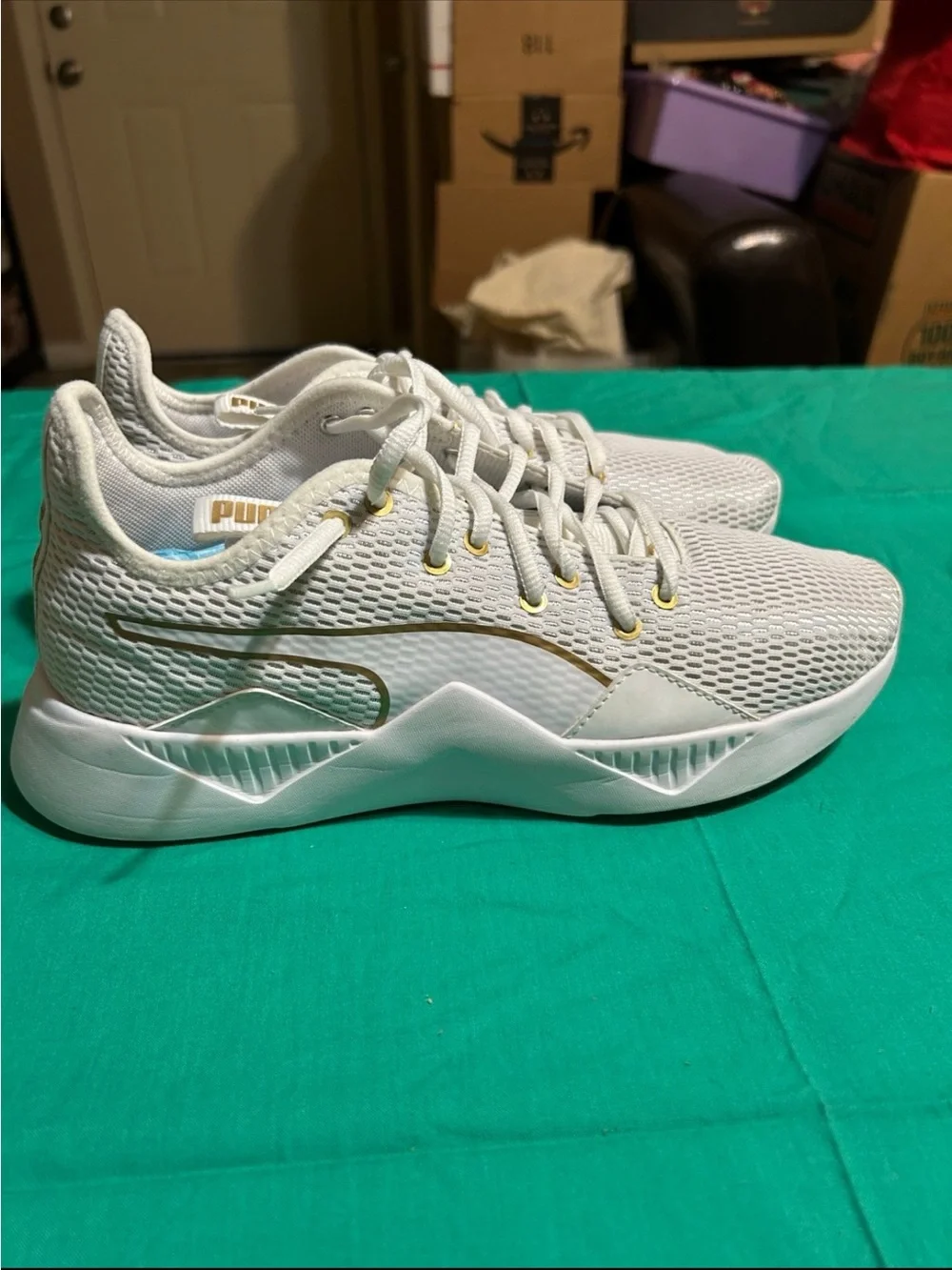 Puma White Mesh Running Sneakers with Gold Accents